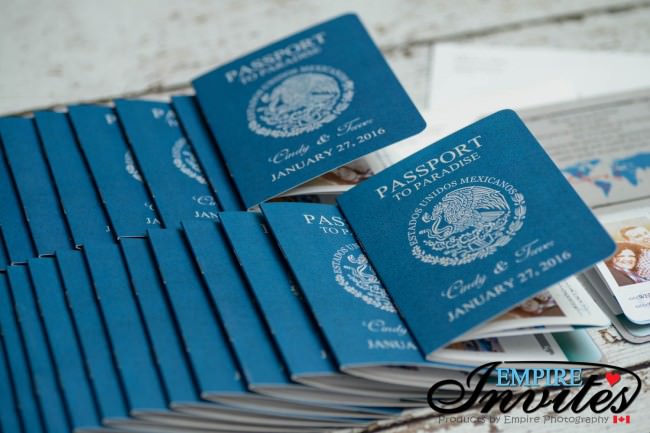 Blue Passport wedding invitations to moon palace mexico 